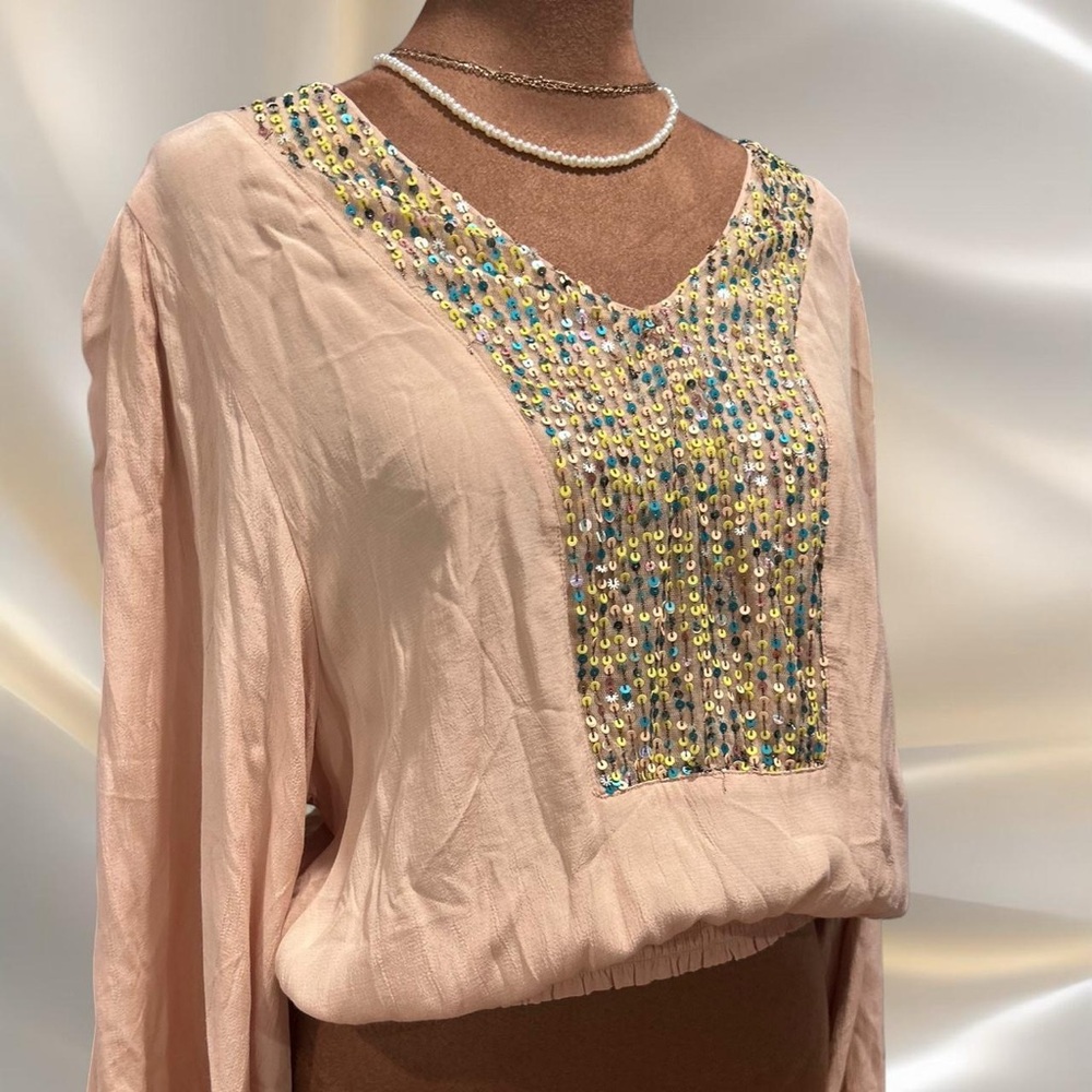 Anthropologie Light Pink Blouse with Colorful Beading